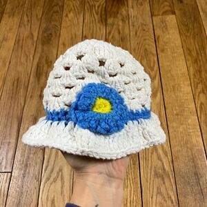 Handmade Crochet Sun Hat‎ Bucket Hat Baby Toddler White Blue Flower